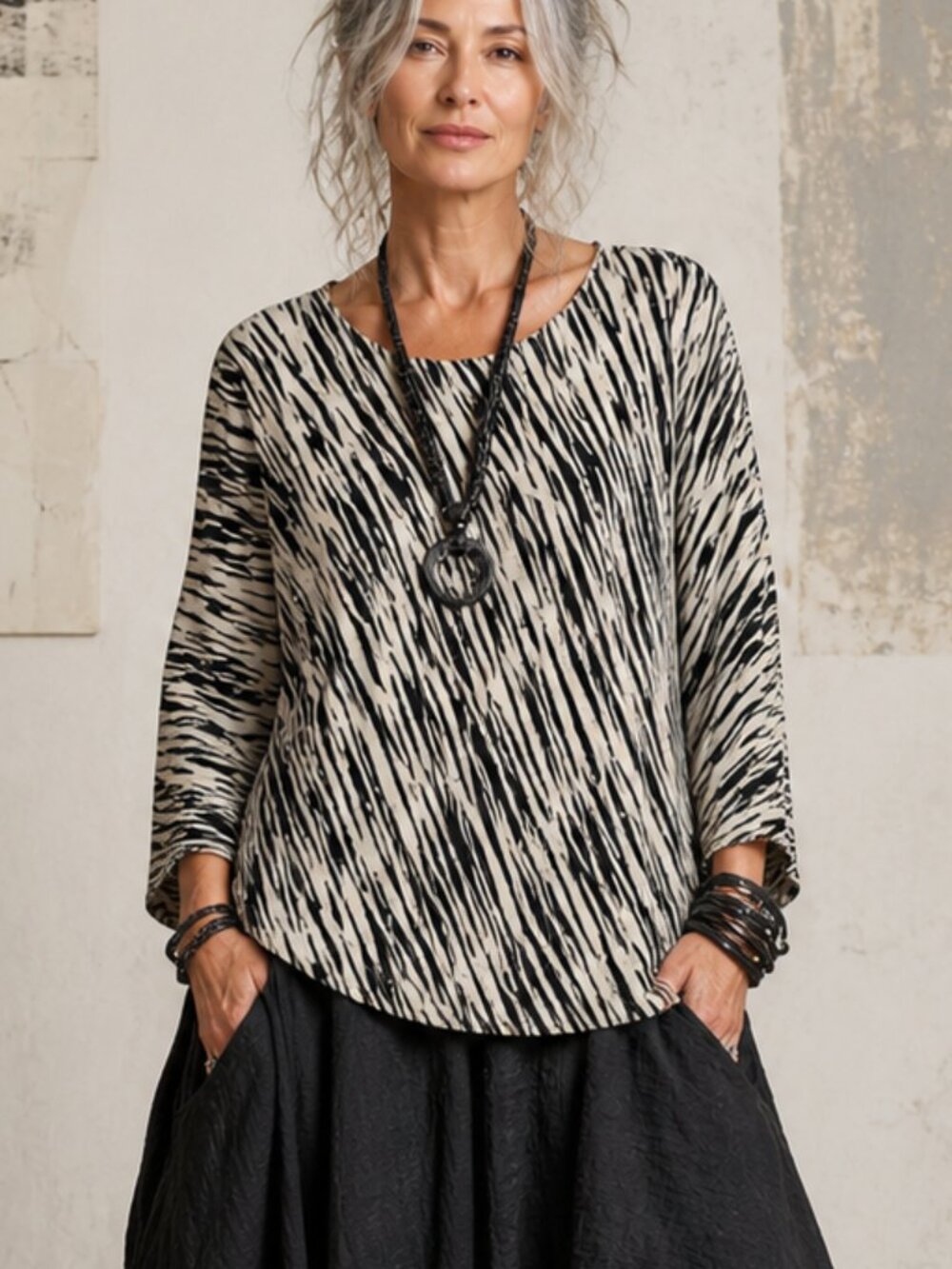 COS Pleated Zebra Top Long Sleeve Beige Black XS Quiet Luxury Minimalist Artsy